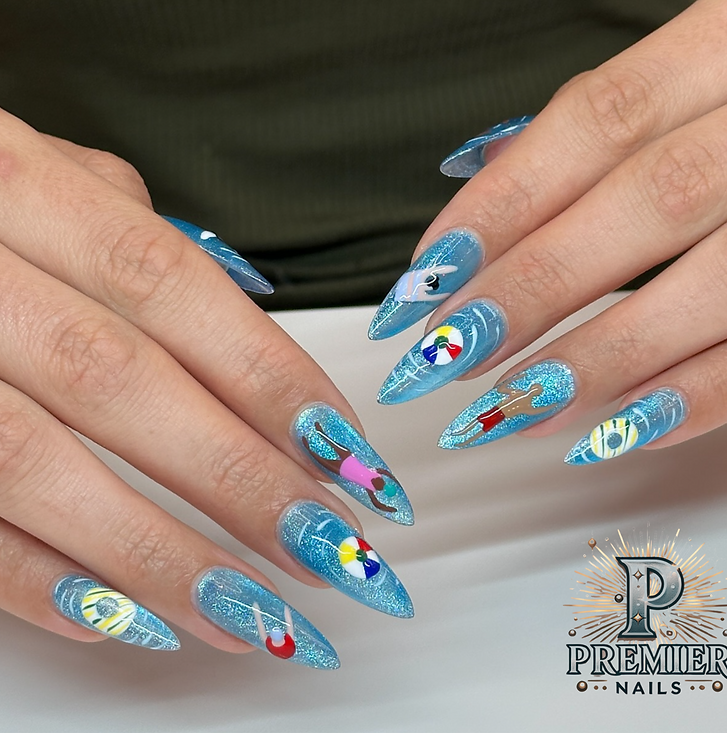 Apres Gel-X full set with beach-themed nail art at Premier Nails – nail salon downtown Chicago