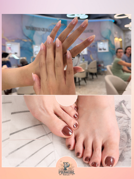Polish change for hands and feet at Premier Nails – clean natural finish for hands and deep red for toes, done in downtown Chicago nail salon.
