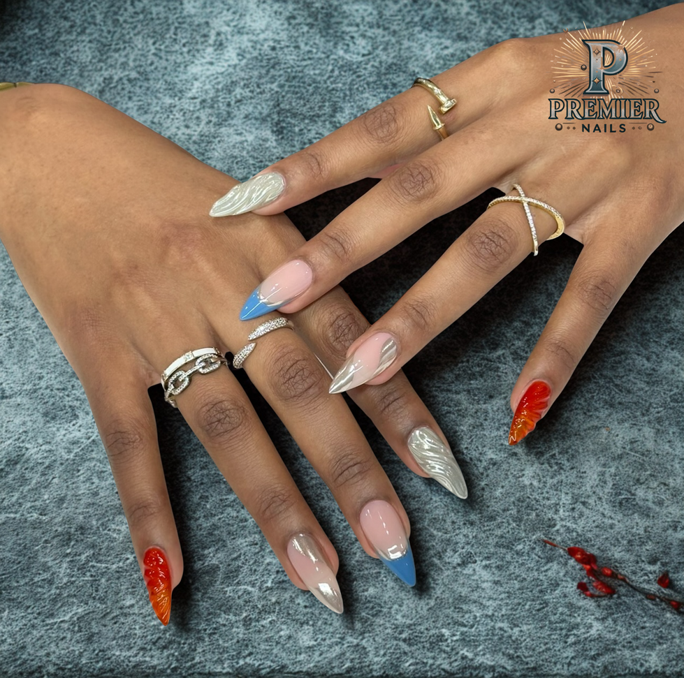 Metallic blue fire Gel-X nails by Premier Nails, luxury nail salon in Downtown Chicago near River North. Bold, trendy, and long-lasting gel nails with creative style.
