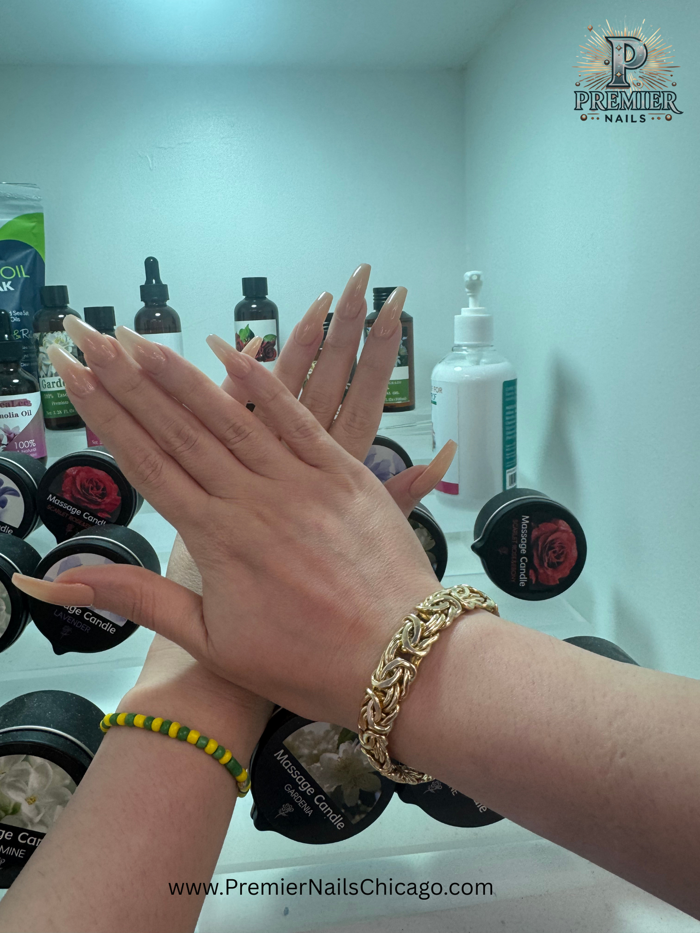 Long nude acrylic fullset nails at Premier Nails – luxury nail salon in downtown Chicago offering elegant and natural acrylic nail designs.