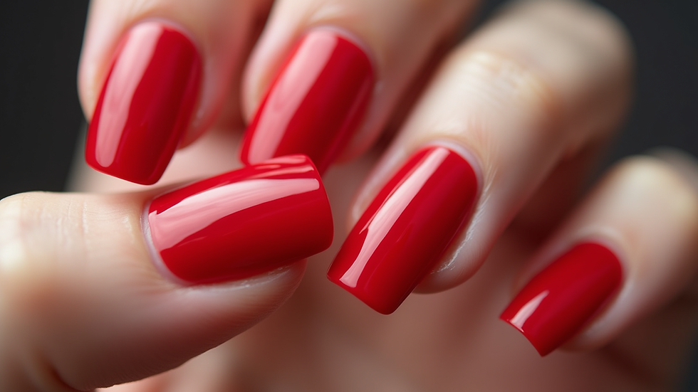 Close-up of glossy red gel nails professionally shaped and polished at Premier Nails nail salon in Downtown Chicago.