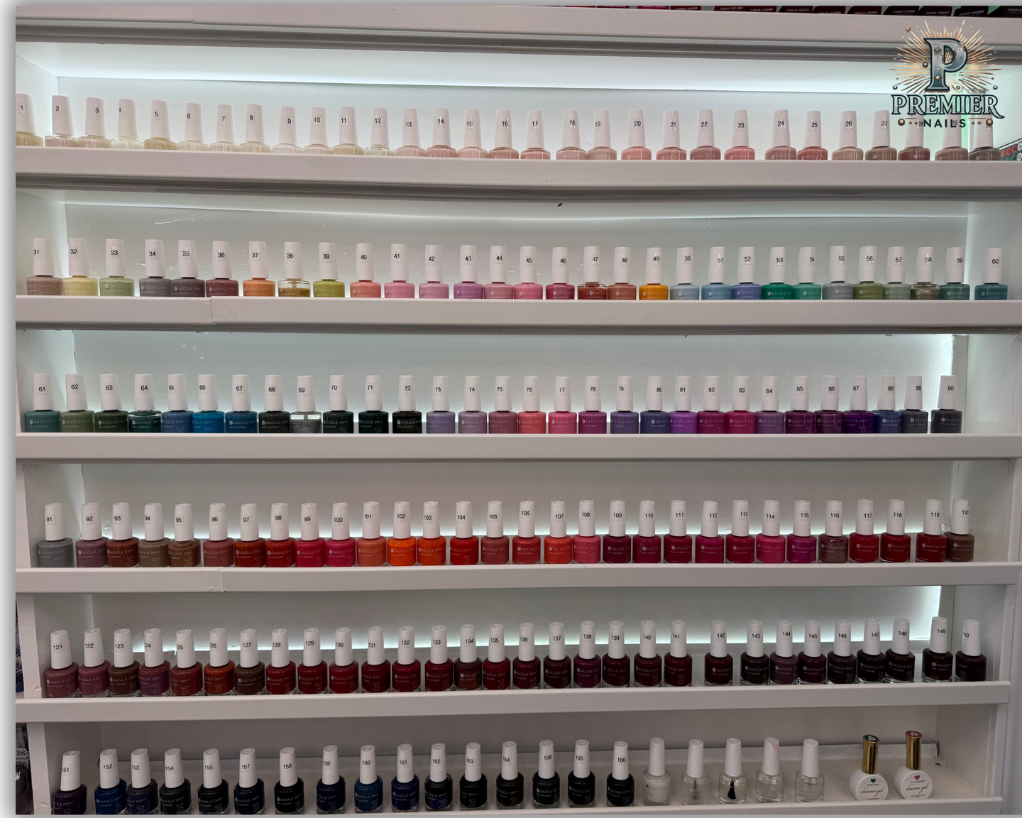 Dazzle Dry color collection at Premier Nails nail salon downtown Chicago – non-toxic, quick-dry, vibrant polish options.