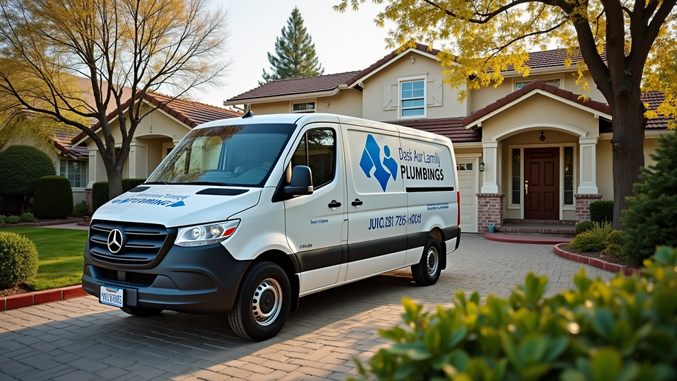 Eye-level view of a family-owned plumbing service vehicle parked in front of a home
