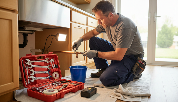 Eye-level view of a plumber repairing a pipe under a home sink