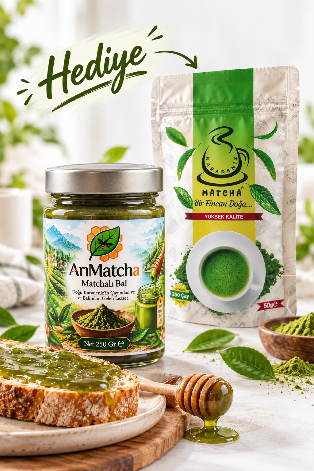 Matchalı Bal 250 Gr ve Hediye 50 Gr Saf Matcha