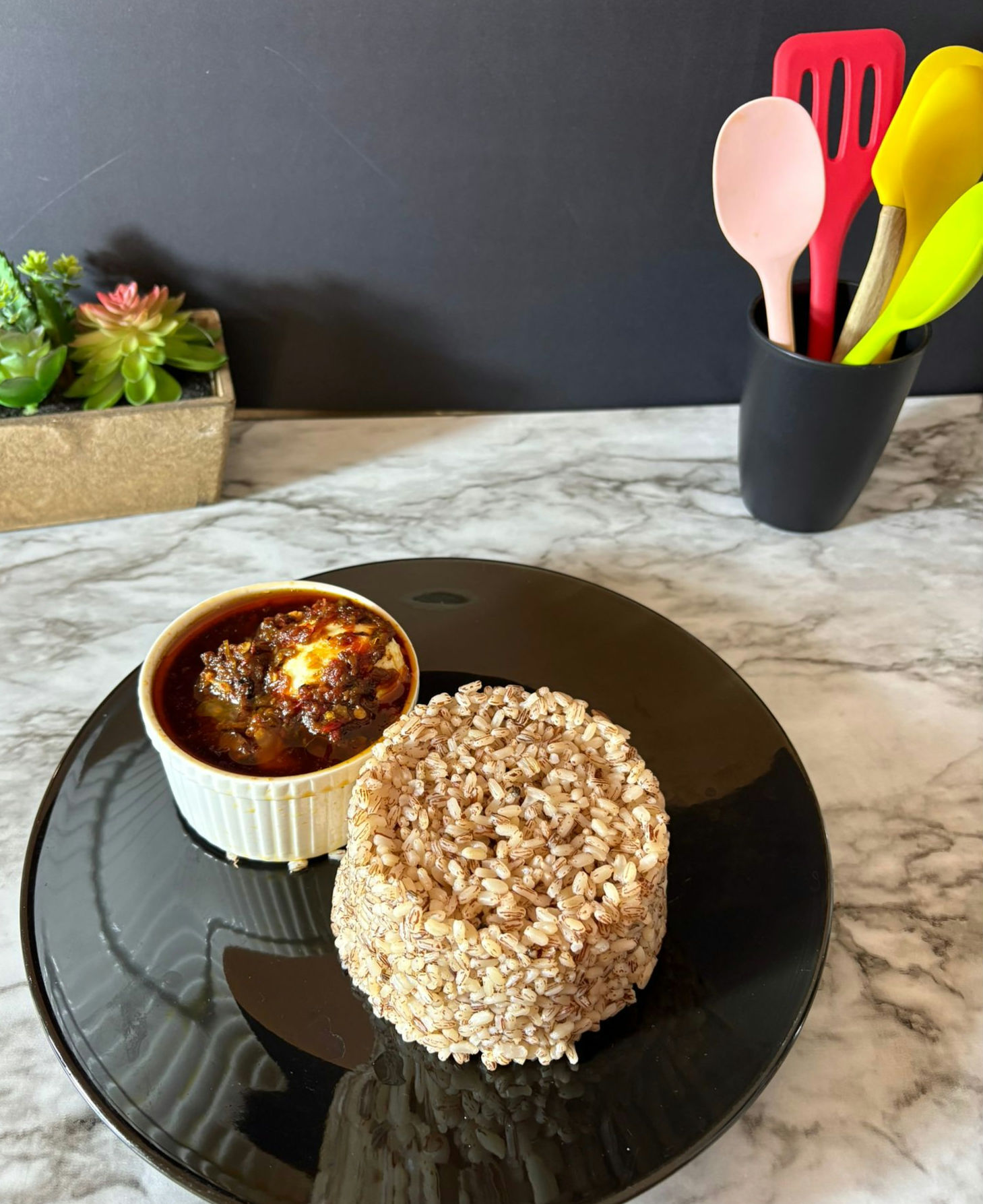 Ofada rice with ayamase or ofada sauce