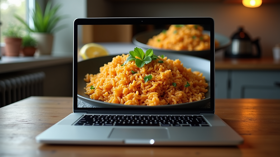 High angle view of a laptop screen displaying a Nigerian fried rice recipe