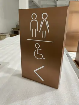 Bronze-finish restroom and ADA accessibility sign for temple facilities