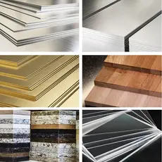 Collage of various signage material textures including metal, wood, and stone