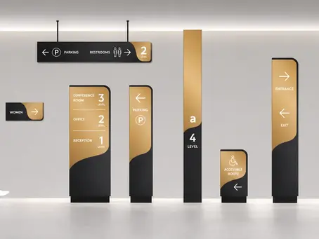 Custom wayfinding signage system with directional signs, directory signs, and architectural signage for commercial spaces.