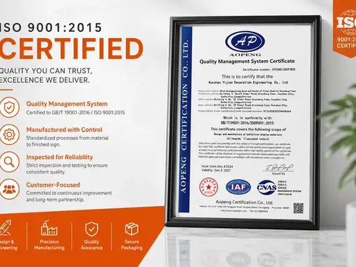 YIJIAO ISO 9001:2015 quality management system certification for billboard and illuminated sign manufacturing