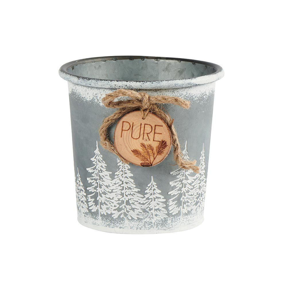 Pot Déco Ferme HIVER métal gris Sapins et chalets 15 cm