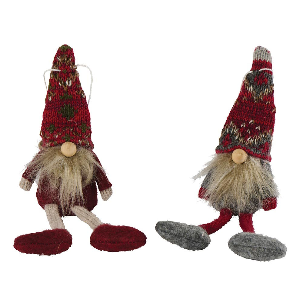 Lutin rouge gris longues jambes et bonnet en laine 10 cm