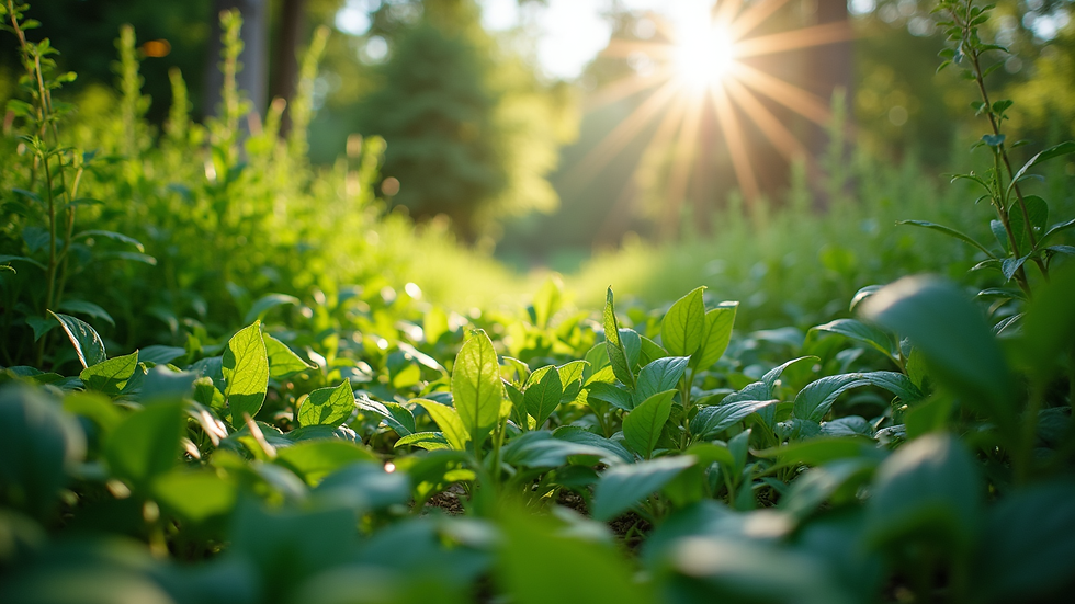 Eye-level view of a lush green garden with diverse plants