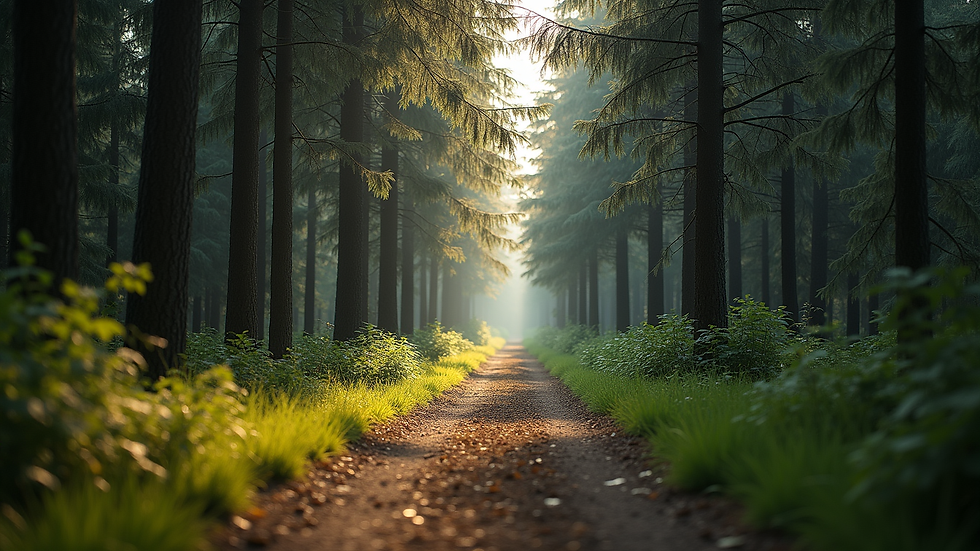 Eye-level view of a serene forest path surrounded by tall trees