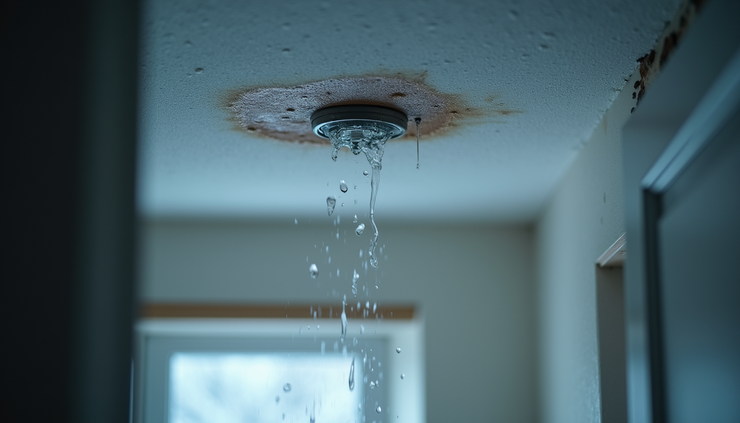 Close-up view of water dripping from a ceiling crack inside a home