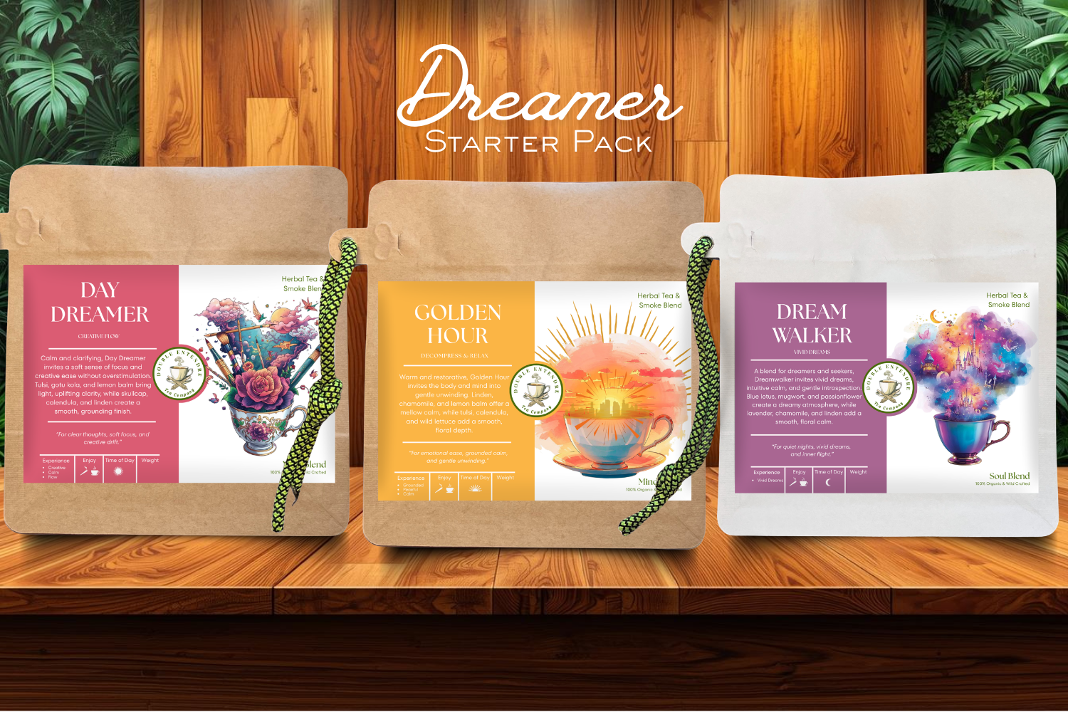 Dreamer Starter Pack herbal tea bundle featuring Day Dreamer, Golden Hour, and Dreamwalker blends on a wooden surface