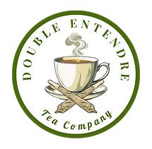 Double Entendre Tea Company circular logo with teacup, crossed herbal rolls, and steam