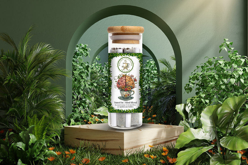 “Tuned In herbal pre-rolls jar displayed outdoors with greenery.”