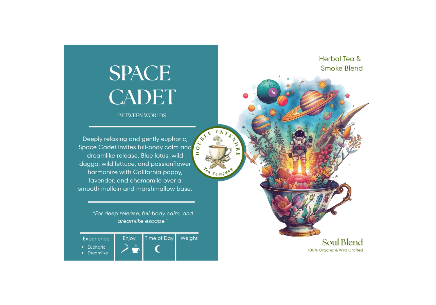 Space Cadet herbal blend product packaging on teal background