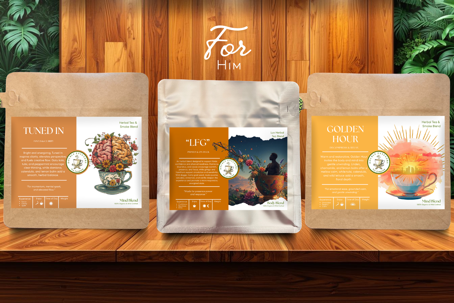 His Pack herbal tea bundle featuring Tuned In, LFG, and Golden Hour blends displayed on a wooden surface