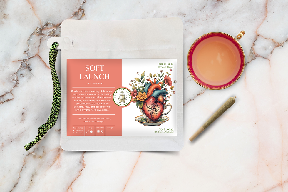 Thumbnail: “Soft Launch herbal blend pouch arranged with a tea mug and botanicals.”