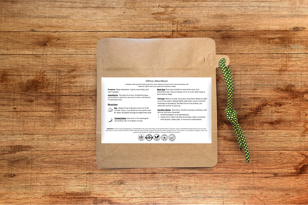 Thumbnail: “Offline herbal blend product label flat lay on a beige surface.”