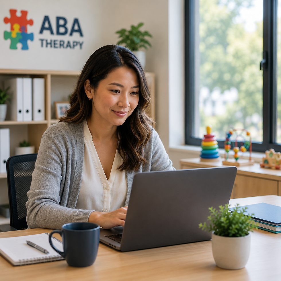 A smiling clinician works at a laptop in a bright office, with binders and a stacking-ring toy on the shelves behind her.