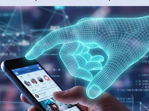 A phone with a hologram hand hovering over it, clicking on a social media button, and a headline above the image.