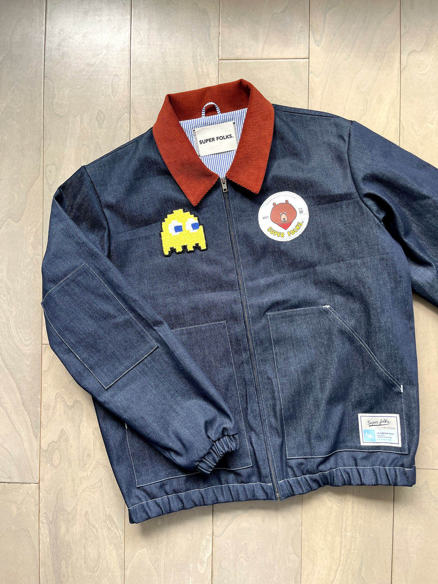THE SUPER GAME OURS/PACMAN DARK BLUE DENIM JACKET SIZE S/M