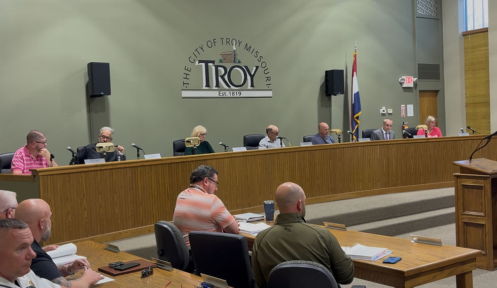 Members of the Troy Board of Aldermen meet during the April 2026 board meeting in Troy, Missouri, where zoning changes affecting the Park Hills Phase 7 development were considered.