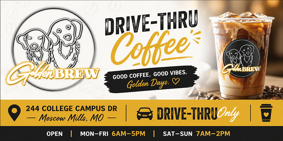 Promotional graphic for Golden Brew drive-thru coffee in Moscow Mills, Missouri, featuring a logo with two dogs, an iced coff