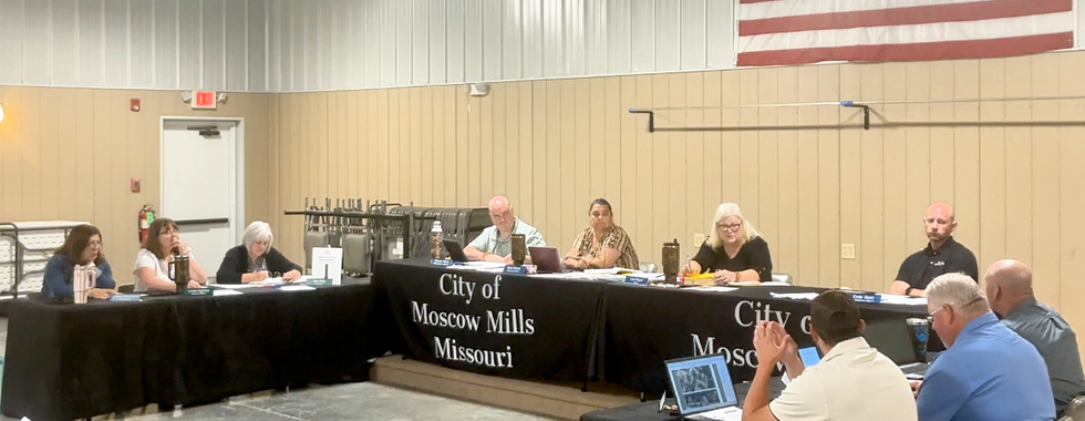 Moscow Mills Mayor Lisa Meyer and members of the Board of Aldermen conduct the July 13, 2026, city meeting at the Moscow Mills Lions Club in Moscow Mills, Missouri.