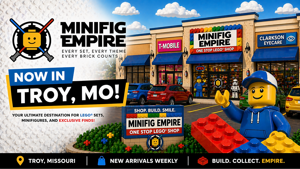 Promotional graphic for MiniFig Empire announcing its location in Troy, Missouri, featuring a LEGO-themed storefront in a shopping plaza, colorful signage, a large LEGO-style character holding a brick, and text highlighting LEGO sets, minifigures, and new arrivals.