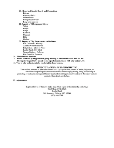 Tentative agenda for the July 14, 2026, Elsberry Board of Aldermen meeting at Elsberry City Hall.