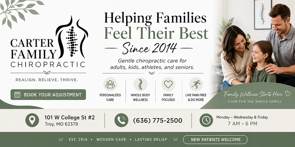 Promotional banner for Carter Family Chiropractic in Troy, Missouri featuring the clinic logo, wellness-themed design, and contact information for family chiropractic care services.