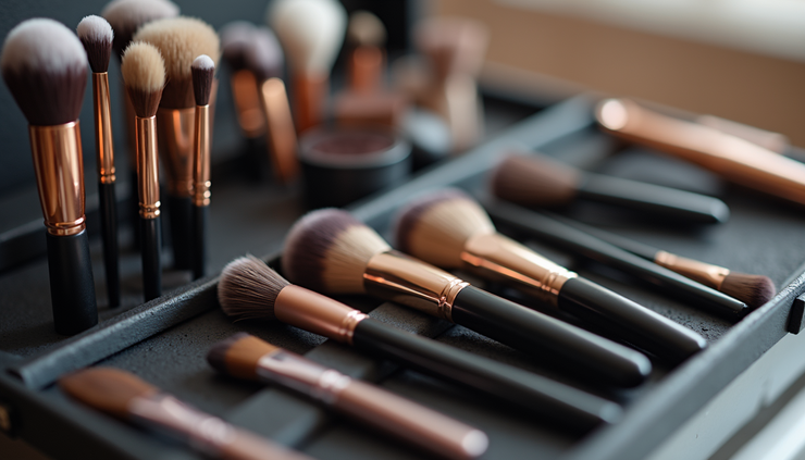 Close-up view of professional makeup brushes and hair styling tools arranged neatly on a portable kit table