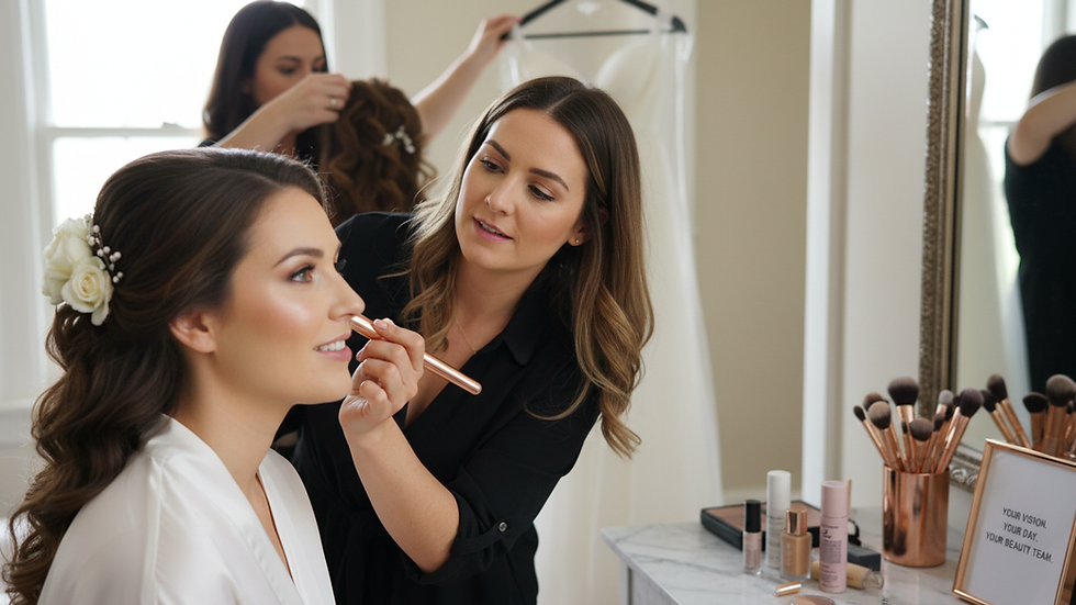 Eye-level view of a makeup artist applying foundation to a bride