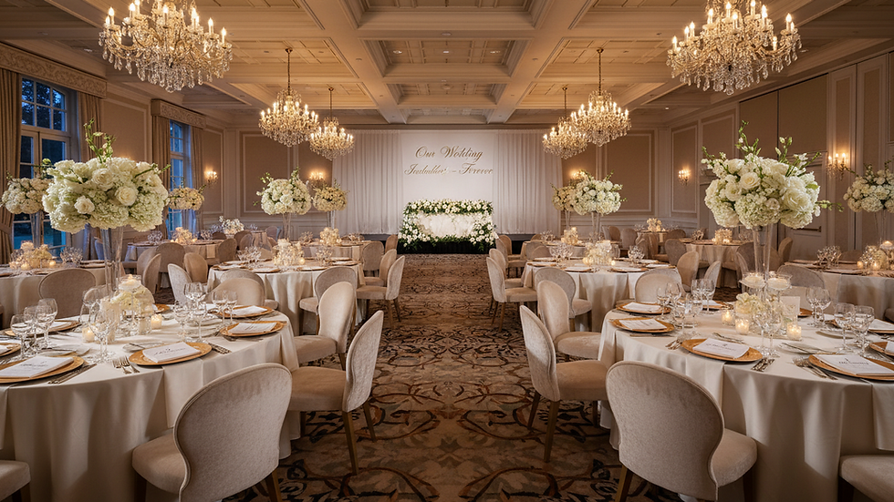 Eye-level view of elegant ballroom with chandeliers and round tables set for a wedding