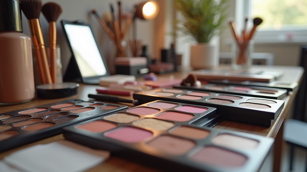 Eye-level view of a bridal makeup station with brushes and palettes