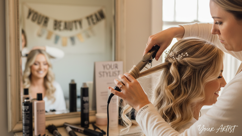Close-up view of bridal hair stylist curling hair with a curling iron