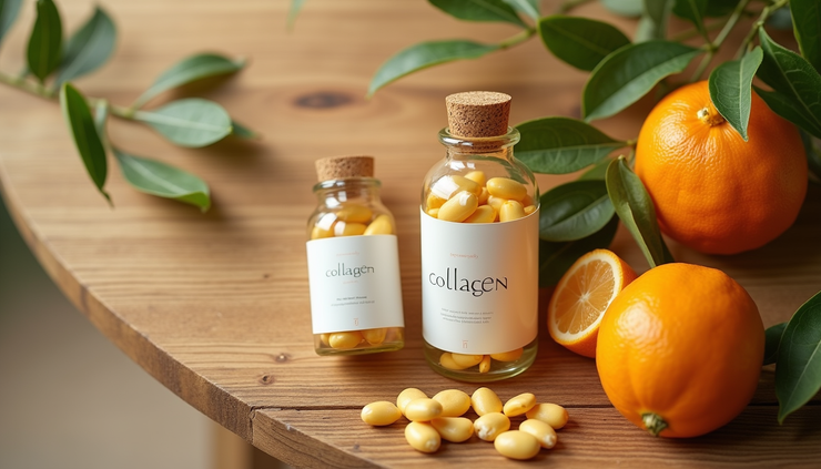Vista aérea de frascos de suplementos de colágeno e frutas cítricas ao lado