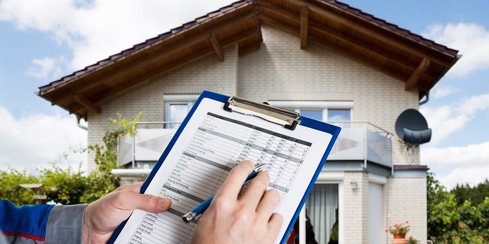 Hand holding clipboard and pen inspecting a modern house exterior under a blue sky, with balcony and satellite dish