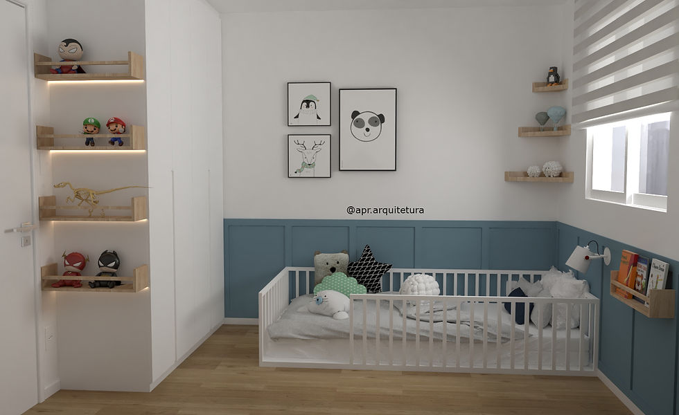 QUARTO INFANTIL COM MEIA PAREDE PINTADA NA COR AZUL E CAMA MONTESSORIANA