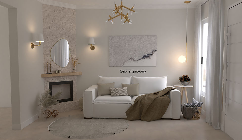 SALA ESTILO BOHO/ ESCANDINAVO COM TONS CLAROS, LAREIRA REVESTIDA DE PEDRA