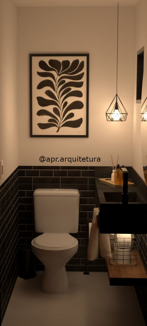 LAVABO COM METADE DA PAREDE REVESTIDA EM TIJOLINHO METRO BLACK