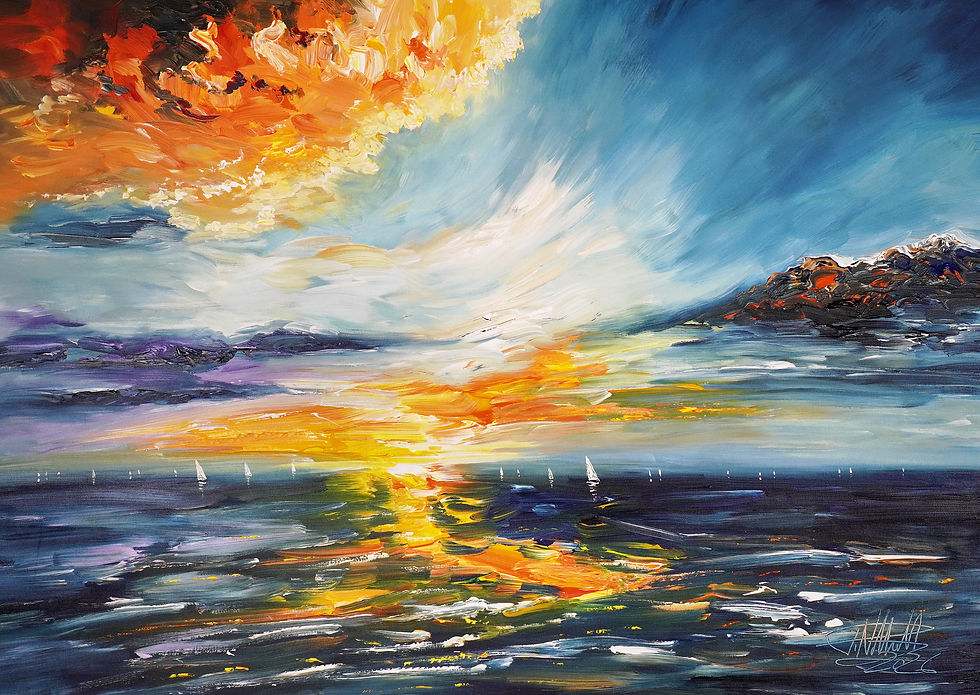 vivid semi abstract sail boat painting at sunset, available direct by the artist Peter Nottrott