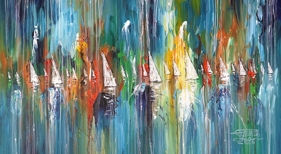Sail Boat painting, vibrant artwork in shop by the artist Peter Nottrott