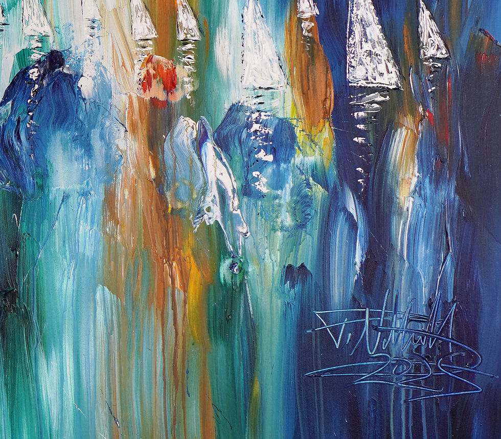 Thumbnail: Detail photo of the Sail Boat painting, vibrant artwork in shop by the artist Peter Nottrott
