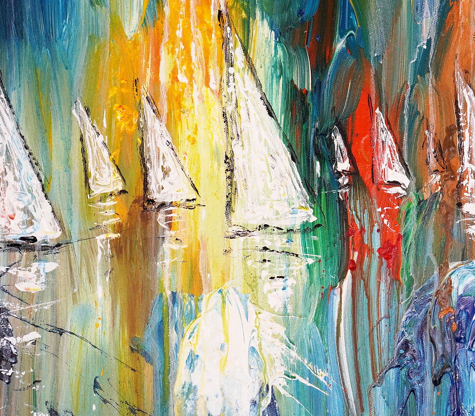 Thumbnail: Detail photo of the Sail Boat painting, vibrant artwork in shop by the artist Peter Nottrott